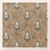 フクロウの図解入りの、写真付きの木地模様 ガラスコースター (正面)