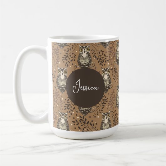 フクロウの図解入りの、写真付きの木地模様 コーヒーマグカップ (左)