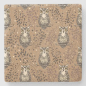 フクロウの図解入りの、写真付きの木地模様 ストーンコースター (正面)