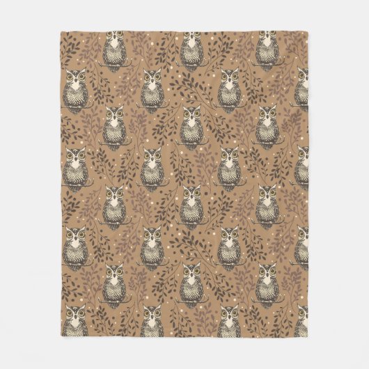 フクロウの図解入りの、写真付きの木地模様 フリースブランケット (正面)