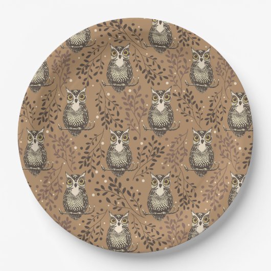 フクロウの図解入りの、写真付きの木地模様 ペーパープレート (正面)