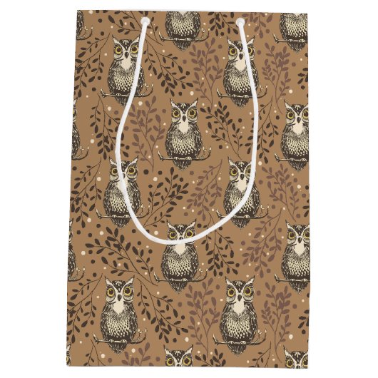 フクロウの図解入りの、写真付きの木地模様 ミディアムペーパーバッグ (裏面)