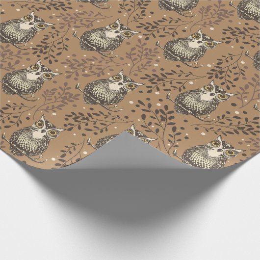 フクロウの図解入りの、写真付きの木地模様 ラッピングペーパー (角)