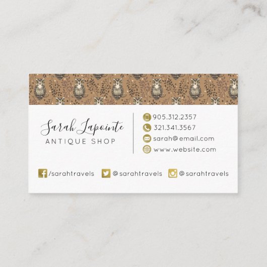 フクロウの図解入りの、写真付きの木地模様 名刺 (裏面)