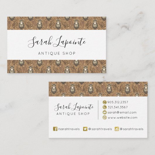 フクロウの図解入りの、写真付きの木地模様 名刺 (正面/裏面)