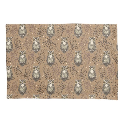 フクロウの図解入りの、写真付きの木地模様 枕カバー (正面)