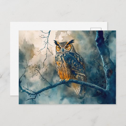 フクロウの夜の枝の水彩画に座って ポストカード (正面/裏面)