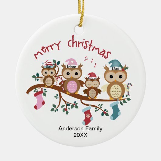 フクロウの家族のクリスマス セラミックオーナメント (正面)
