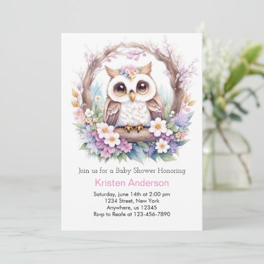 フクロウの巣の喜び：女の子の赤ちゃんシャワー 招待状 (スタンド正面)
