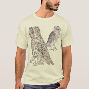 フクロウの恋人のTシャツ-旧式なプリントに基づくデザイン Tシャツ
