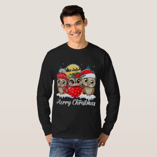 フクロウの恋人メリークリスマスフクロウおもしろいズ醜いクリスマ Tシャツ (正面フル)