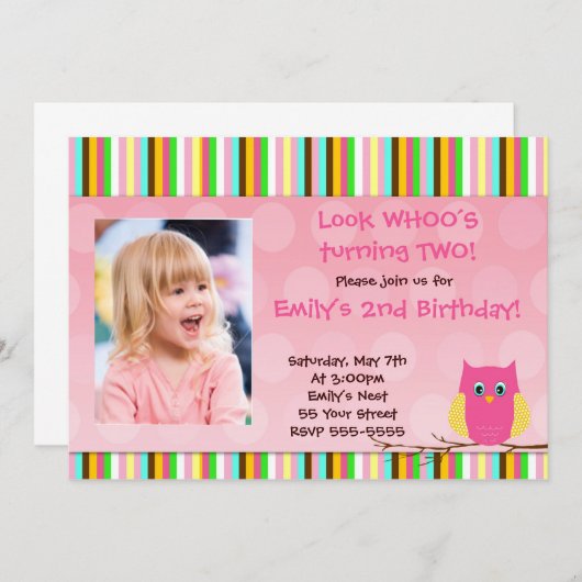 フクロウの招待状の女の子の誕生会のストライプな写真 招待状 (正面/裏面)