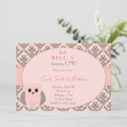 フクロウの招待状の女の子の誕生会のピンクの金ゴールド 招待状 (スタンド正面)