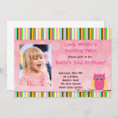 フクロウの招待状 女の子の誕生日パーティー ストライプ フォト 招待状 (正面/裏面)