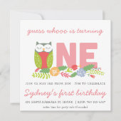 フクロウの最初の誕生日の招待 招待状 (正面)