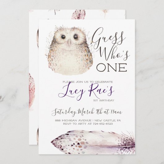 フクロウの最初の誕生日パーティー 招待状 (正面/裏面)