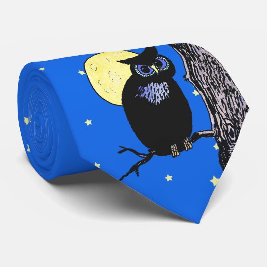 フクロウの木の月の星（黒） ネクタイ (ロール)