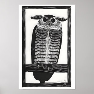 フクロウの木版画 ポスター