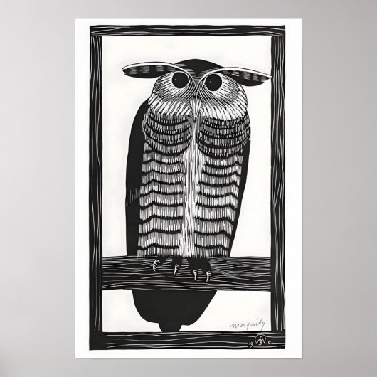 フクロウの木版画 ポスター (正面)