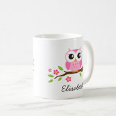 フクロウの枝にピンクの花の名前を付けパーソナライズされたる コーヒーマグカップ (正面右)