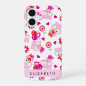 フクロウの柄、かわいいフクロウ、ピンクのフクロウ、あなたの名前 iPhone 16ケース (裏面)