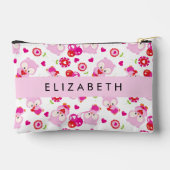 フクロウの柄、かわいいフクロウ、ピンクのフクロウ、お名前 アクセサリーポーチ (裏面)