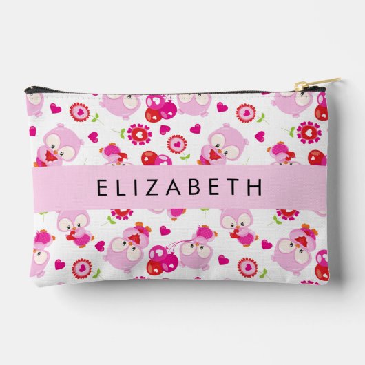 フクロウの柄、かわいいフクロウ、ピンクのフクロウ、お名前 アクセサリーポーチ (裏面)