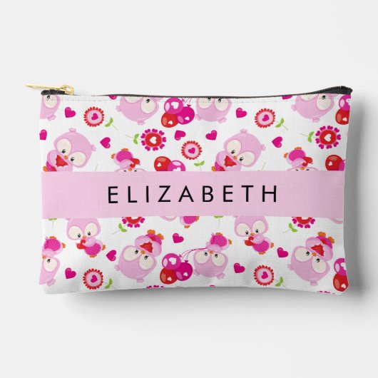 フクロウの柄、かわいいフクロウ、ピンクのフクロウ、お名前 アクセサリーポーチ (正面)