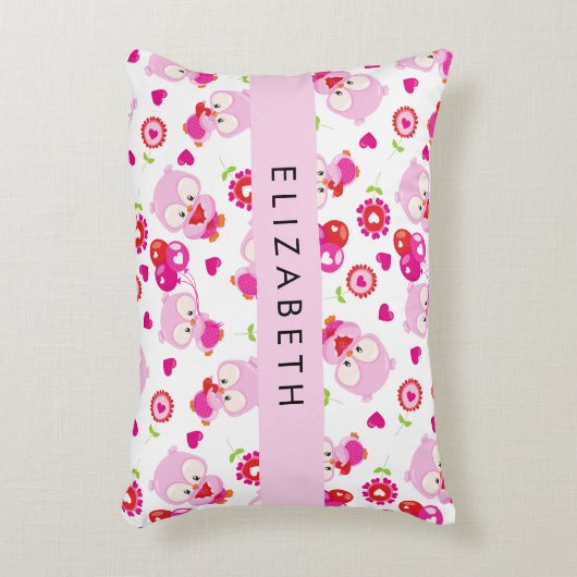 フクロウの柄、かわいいフクロウ、ピンクのフクロウ、お名前 アクセントクッション (正面(垂直))
