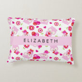 フクロウの柄、かわいいフクロウ、ピンクのフクロウ、お名前 アクセントクッション (裏面)