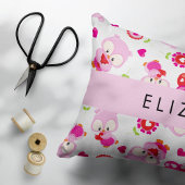 フクロウの柄、かわいいフクロウ、ピンクのフクロウ、お名前 アクセントクッション