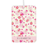 フクロウの柄、かわいいフクロウ、ピンクのフクロウ、お名前 カーエアーフレッシュナー (正面)