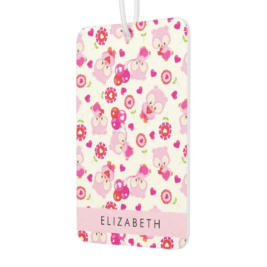 フクロウの柄、かわいいフクロウ、ピンクのフクロウ、お名前 カーエアーフレッシュナー (左)