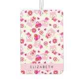 フクロウの柄、かわいいフクロウ、ピンクのフクロウ、お名前 カーエアーフレッシュナー (裏面)