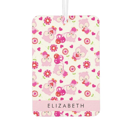 フクロウの柄、かわいいフクロウ、ピンクのフクロウ、お名前 カーエアーフレッシュナー (裏面)