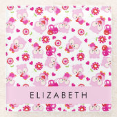 フクロウの柄、かわいいフクロウ、ピンクのフクロウ、お名前 ガラスコースター (正面)