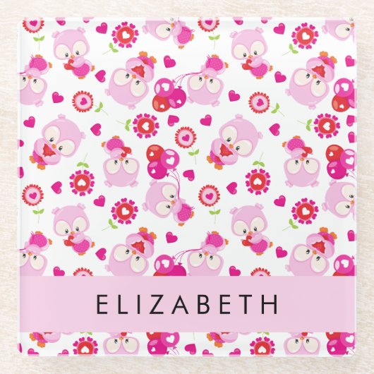 フクロウの柄、かわいいフクロウ、ピンクのフクロウ、お名前 ガラスコースター (正面)