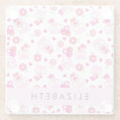 フクロウの柄、かわいいフクロウ、ピンクのフクロウ、お名前 ガラスコースター (裏面)