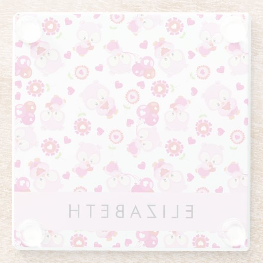 フクロウの柄、かわいいフクロウ、ピンクのフクロウ、お名前 ガラスコースター (裏面)