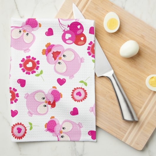 フクロウの柄、かわいいフクロウ、ピンクのフクロウ、お名前 キッチンタオル (四つ折り)
