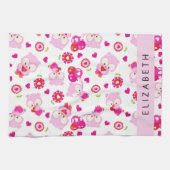 フクロウの柄、かわいいフクロウ、ピンクのフクロウ、お名前 キッチンタオル (横)