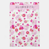 フクロウの柄、かわいいフクロウ、ピンクのフクロウ、お名前 キッチンタオル (縦)