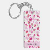 フクロウの柄、かわいいフクロウ、ピンクのフクロウ、お名前 キーホルダー (正面左)