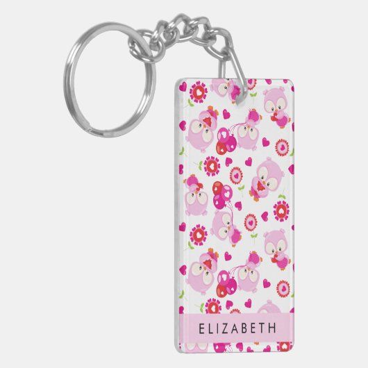 フクロウの柄、かわいいフクロウ、ピンクのフクロウ、お名前 キーホルダー (正面左)