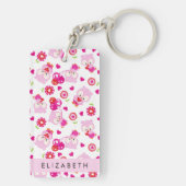 フクロウの柄、かわいいフクロウ、ピンクのフクロウ、お名前 キーホルダー (裏面)