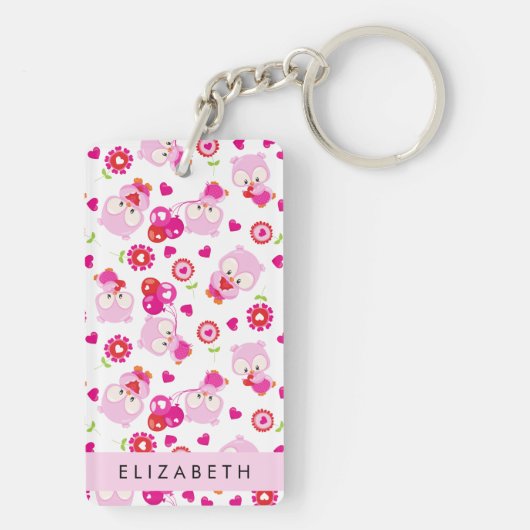 フクロウの柄、かわいいフクロウ、ピンクのフクロウ、お名前 キーホルダー (裏面)