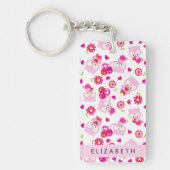 フクロウの柄、かわいいフクロウ、ピンクのフクロウ、お名前 キーホルダー (正面)