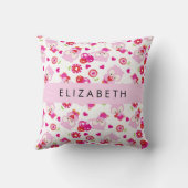 フクロウの柄、かわいいフクロウ、ピンクのフクロウ、お名前 クッション (裏面)