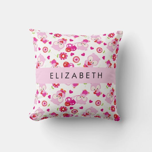 フクロウの柄、かわいいフクロウ、ピンクのフクロウ、お名前 クッション (正面)
