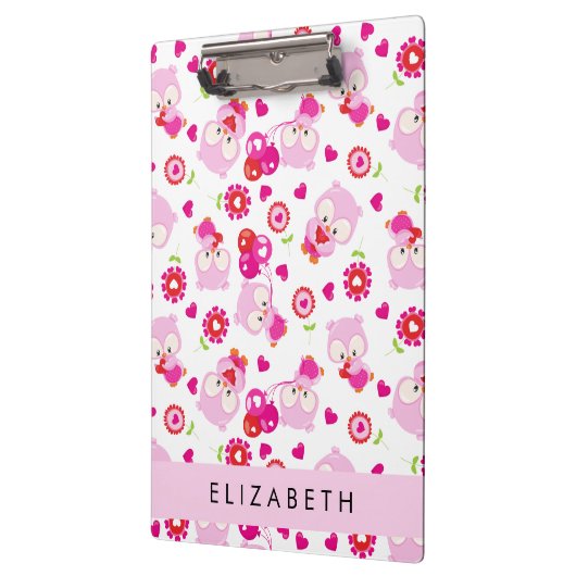 フクロウの柄、かわいいフクロウ、ピンクのフクロウ、お名前 クリップボード (左)